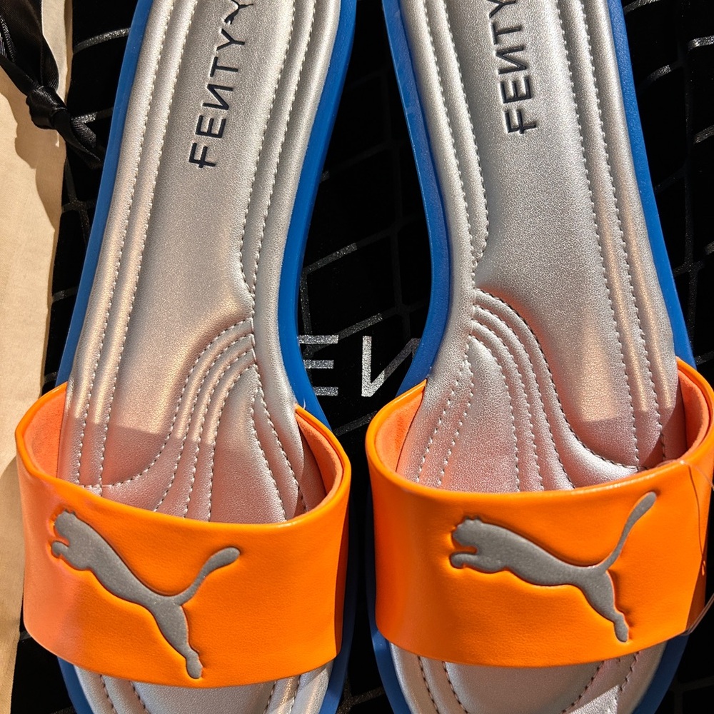 Puma Fenty Vibrant Orange and Blue Slides - Picture 2 of 5